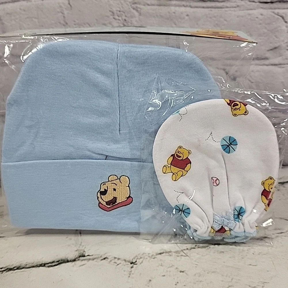 Disney Baby‎ Winnie The Pooh Infant Soft Cap Hats Mittens Lot Blue Green Yellow